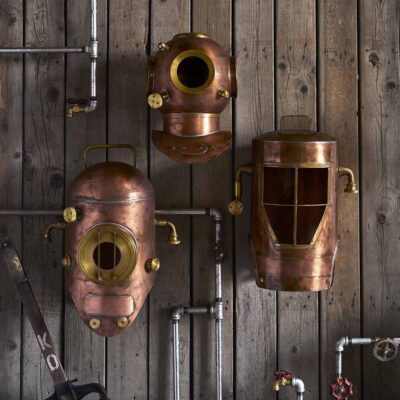 Large Diver Helmets on Wood