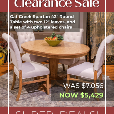 Gat Creek Spartan 42" Round Table with two 12" leaves and a set of 4 upholstered chairs